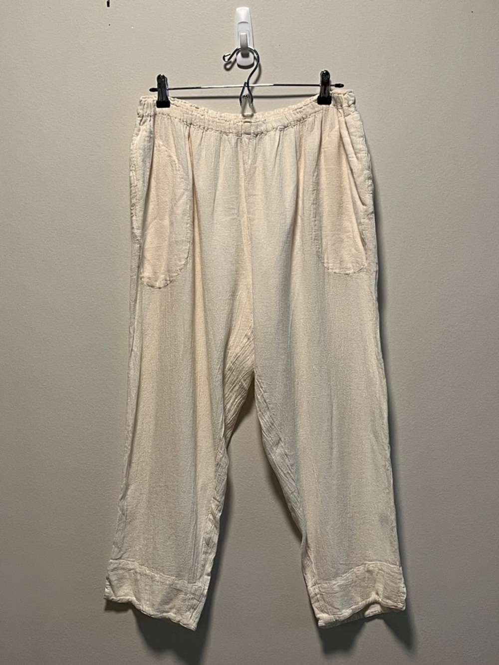 OH MY GAUZE! Cream Elastic Waist Cropped Pants, 100% Cotton, Size 2 (L/XL)
